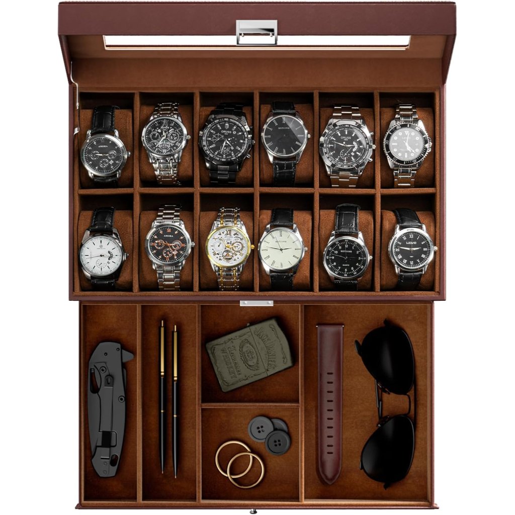 Watch Box 12 Slot Mens Watch Case With Drawer 2Layer Watch Display Case With